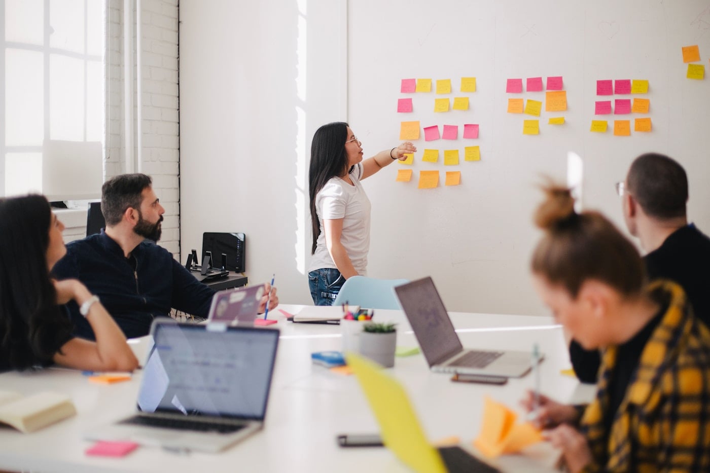 A planning wall with sticky notes for workplace policy training